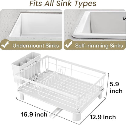 SNTD Dish Drying Rack - Small Dish Rack for Kitchen Counter, Stainless Steel Dish Drainer with Utensil Holder and Drainboard, 12.9" W x 16.9" L (White)