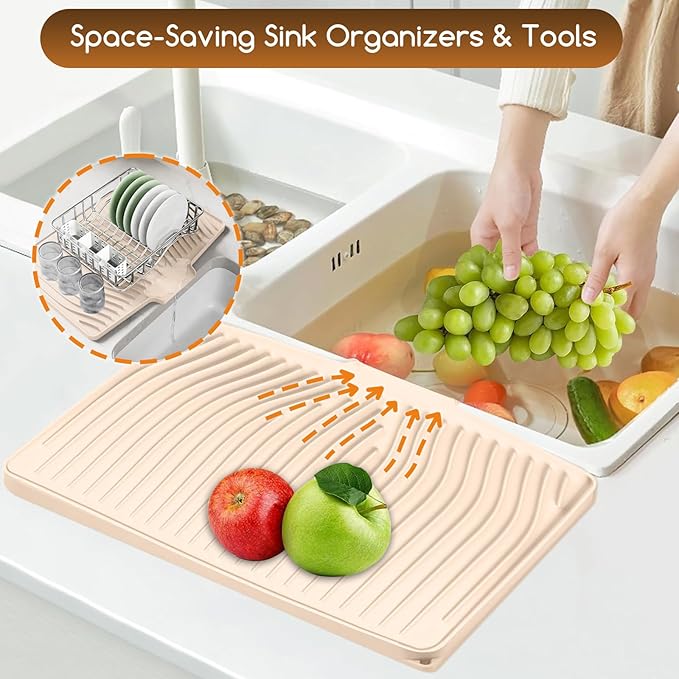 Large Premium Silicone Dish Drying Mat for Kitchen Counter - 18.5"x13" Non-Slip, Heat-Resistant (450°F) with Fast Drain & Hanging Hole, Multi-Use Kitchen Sink Drying Mat (Beige)