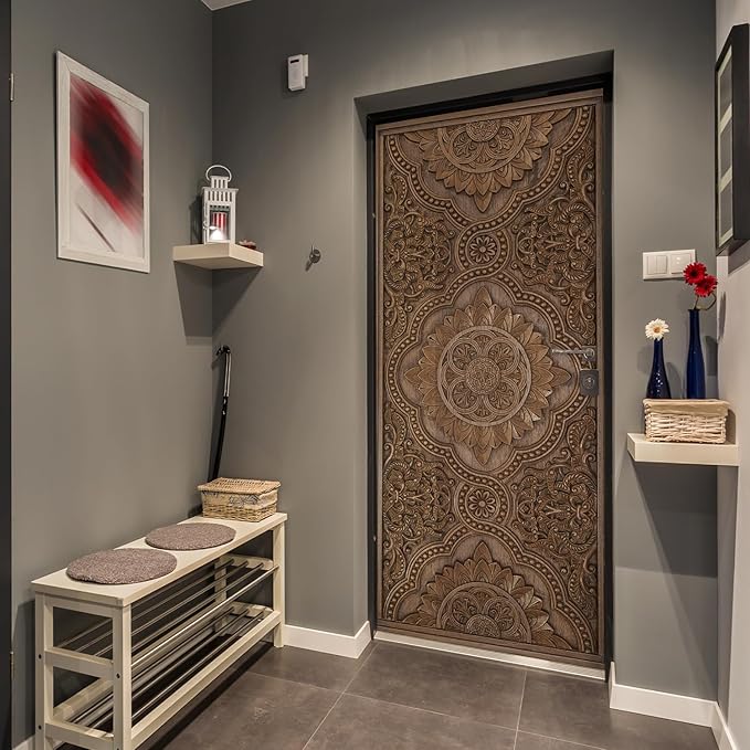 Alwayspon 30x78.7inch Wood Carving Self-Adhesive Door Stickers Murals Decals, Art Vinyl Peel and Stick Removable Door Poster Wallpaper for Bedroom Home Decor