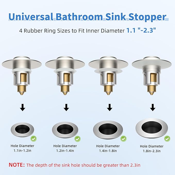 iFealClear 2 Pack Metal Universal Bathroom Sink Stopper, Upgraded Stainless Steel Sink Drain Strainer for 1.1''~2.36" Basin Pop Up Drain Strainer, Anti-Clogging Filter Basket, Brushed Nickel