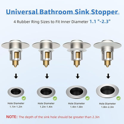 iFealClear Metal Universal Bathroom Sink Stopper, Upgraded Stainless Steel Sink Drain Strainer for 1.1''~2.36" Basin Pop Up Drain Strainer, Anti-Clogging Filter Basket, Brushed Nickel