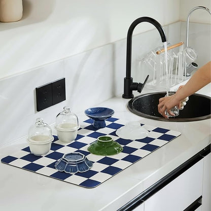 Ohocut Checkered Dish Drying Mat for Kitchen Counter, Coffee Bar Station Accessories, Retro Cute Aesthetic Modern Absorbent Drainer Mat Kitchen Drying Mat Easy Clean (Navy Blue, 19" x 12")
