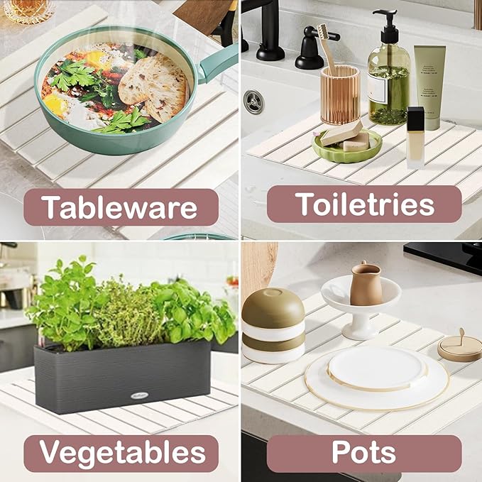 Large Stone Dish Drying Mats for Kitchen Counter, 23"(L)×16"(W) Diatomaceous Earth Mats, Water-Absorbent Collapsible Multi-Purpose Stone Drying Tray for Cups Dishes Bottles, Match Any Countertop