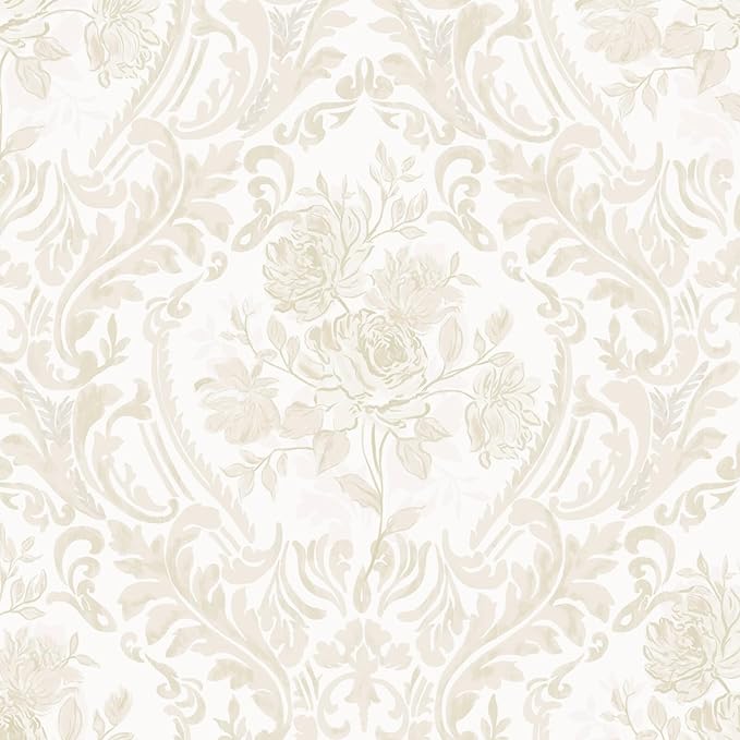 Ismoon Floral Peel and Stick Wallpaper Vintage Beige Contact Paper Boho Watercolor Damask Wall Paper Textured Removable Self Adhesive Vinyl Wallpaper for Cabinet Bedroom Wall Decor, 17.3x393in