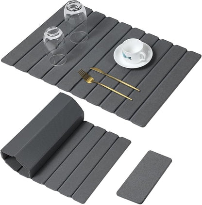 Large Stone Dish Drying Mat for Kitchen Counter, Thin & Light Quick Dry Stone Dishes Mat, Foldable Water Absorbing Diatomite Drying Pad for Kitchen Bathroom Sink Countertop (Pure Gray 24"×16" & 8"x4")