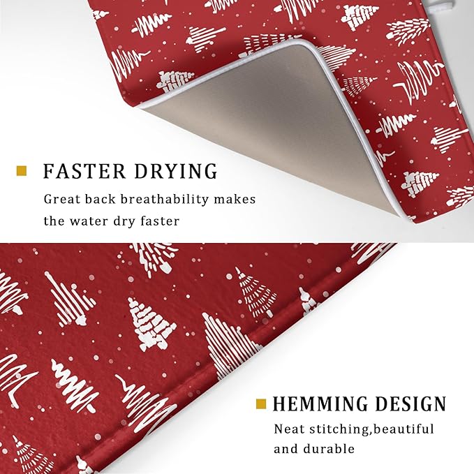 Christmas Dish Drying Mat 18 x 24 Inch With Absorbent Reversible Microfiber Red Xmas Tree Snowflake Drying Mats Winter Holiday Dish Drainer Mat Fast Dry For Kitchen Dining Room Decoration
