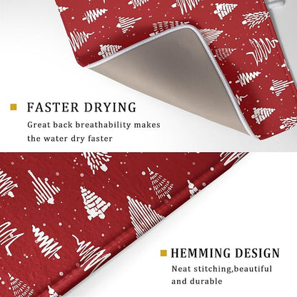 Christmas Dish Drying Mat 18 x 24 Inch With Absorbent Reversible Microfiber Red Xmas Tree Snowflake Drying Mats Winter Holiday Dish Drainer Mat Fast Dry For Kitchen Dining Room Decoration