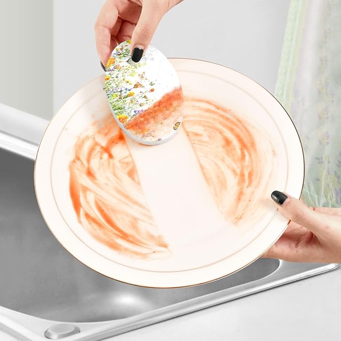 Wildflower Kitchen Scrub Sponges, Pop-up Kitchen Cleaning Sponges Reusable Dish Washing Sponges for Bathroom Household Cleaning 3 Pack - Non Scratch Scrubber