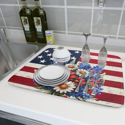 4th of July Patriotic Flower Dish Drying Mat for Kitchen Counter,American Flag Independence Day Drying Mat 18 x 24 Inch with High Absorbent Microfiber Drainer Mat for Coffee Bar