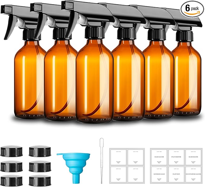 GIVAMEIHF 8oz Amber Glass Spray Bottles,6 Pack Glass Spray Bottles Refillable Empty Bottle with Adjustable Nozzle,Spray Bottle for Essential Oils,Cleaning Solutions,Pets,Hair Mister,Gardening