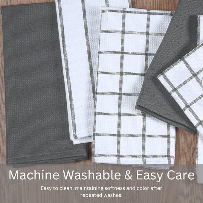 Assorted Waffle Kitchen Towels 100% Cotton Set of 6 - Heavy Duty 320 GSM Quality Dish Cloths Towel - Soft Absorbent Washable for Kitchen Use - Quick Drying Dish Towel 16x26 inch Grey