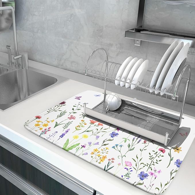 Watercolor Floral Dish Drying Mat for Kitchen Counter 18x24 Inch Spring Summer Wild Flower Butterfly Absorbent Reversible Microfiber Dish Drainer Rack Mats Countertops Protector Mat
