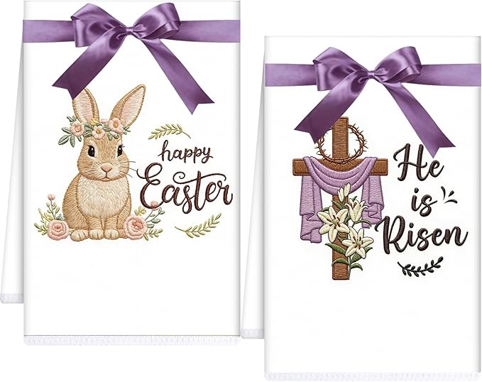 Happy Easter Kitchen Towels Set of 2, He is Risen Easter Cross Dish Towels Gifts for Cooking Cleaning, Spring Hand Towels with Hanging Loop for Kitchen Bathroom Home Decor