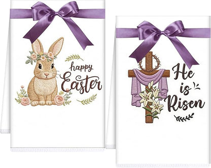 Happy Easter Kitchen Towels Set of 2, He is Risen Easter Cross Dish Towels Gifts for Cooking Cleaning, Spring Hand Towels with Hanging Loop for Kitchen Bathroom Home Decor