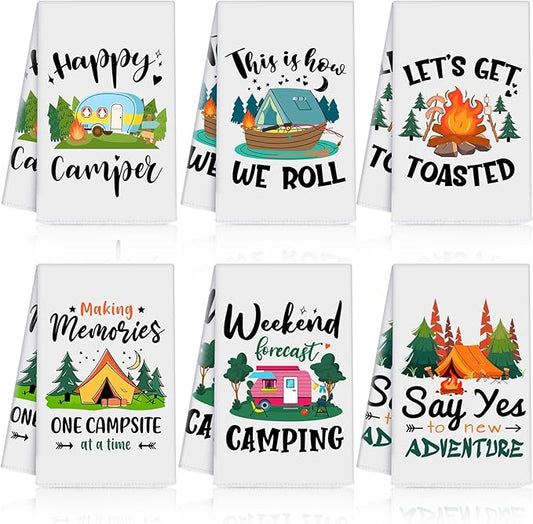 Zubebe Set of 6 Camping Kitchen Towels White Bonfire Tent Car Dishcloth Tea Towels 28 x 18 Inches with Funny Sayings Hand Dish Towel Farmhouse Novelty Gift for Rv Campers