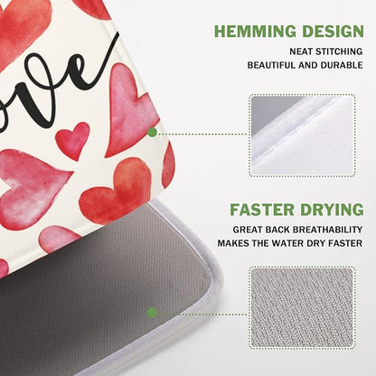 Valentine's Day Dish Drying Mat 16 x 18 Inch Heart Shaped Dish Drying Pad Absorbent Microfiber Mats for Red and Pink Dish Rack Pad for Kitchen Counter Coffee Bar Decor