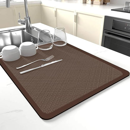 Dish Drying Mat for Kitchen Counter,Drying Mat for Dish Rack,Absorbent Hide Stain Rubber Mat,Coffee Mat, Kitchen Counter Mat (Brown Style, 18"x24")
