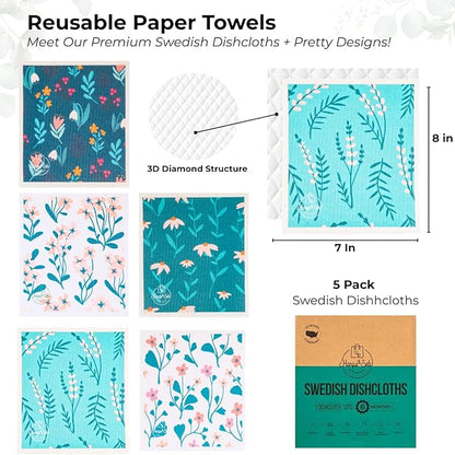 Harps&Seb Swedish Dishcloths for Kitchen Dish Towels - 5 Pack, Non-Scratch Reusable Paper Towels, Super Absorbent Washable Swedish Dish Cloths, No Odor, Biodegradable, Flower Designs