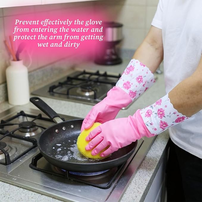 2 Pairs Rubber Cleaning Gloves Household Kitchen Dishwashing Gloves Long Cuff Glove with Cotton Flocked Liner Reusable Waterproof Non-Slip Household Glove for Bathroom Laundry Gardening Gift for Mom