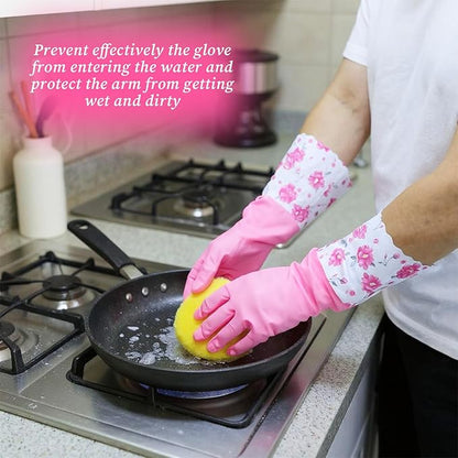 2 Pairs Rubber Cleaning Gloves Household Kitchen Dishwashing Gloves Long Cuff Glove with Cotton Flocked Liner Reusable Waterproof Non-Slip Household Glove for Bathroom Laundry Gardening Gift for Mom