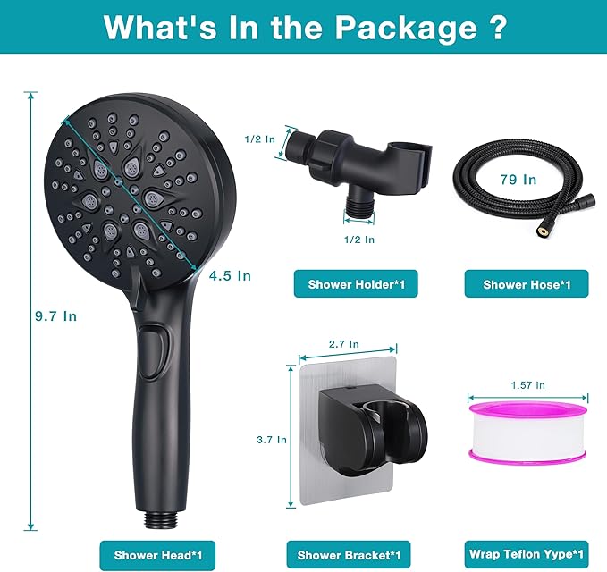 Handheld Shower Head with on off Switch&Built-in Power Spray,7-Setting High Pressure Spray Shower Wand with 79in Long Hose&Bracket and Extra Adhesive Shower Holder for Lower Mount,Black