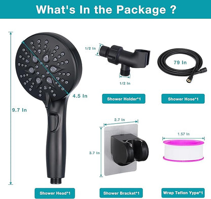 Handheld Shower Head with on off Switch&Built-in Power Spray,7-Setting High Pressure Spray Shower Wand with 79in Long Hose&Bracket and Extra Adhesive Shower Holder for Lower Mount,Black