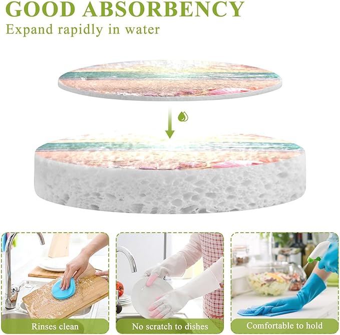 Seaside Beach Kitchen Scrub Sponges, Pop-up Kitchen Cleaning Sponges Reusable Dish Washing Sponges for Bathroom Household Cleaning 3 Pack - Non Scratch Scrubber