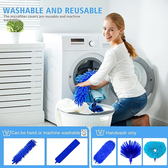 6-in-1 Duster for Cleaning Kit, Extendable Duster with Stainless Steel Pole - Microfiber, Ceiling Fan Cleaner Dusters and Chenille Dusters, Bendable Cobweb Removers for High Ceilings, Fans, Blinds