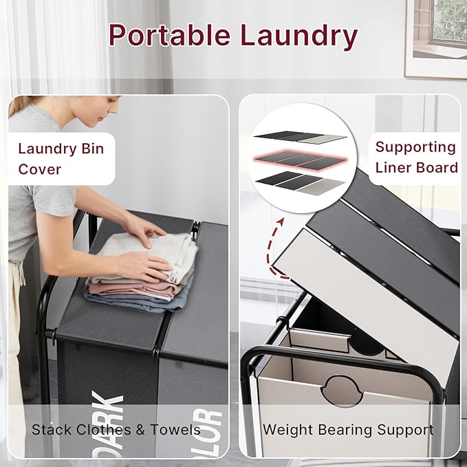 3-Compartment Laundry Cart with Lockable Wheels & Lid 180L Large Wheeled Laundry Basket Heavy-Duty Sorting Organizer for Laundry Room (Multicolor)