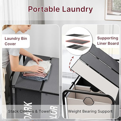 3-Compartment Laundry Cart with Lockable Wheels & Lid 180L Large Wheeled Laundry Basket Heavy-Duty Sorting Organizer for Laundry Room (Multicolor)