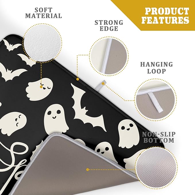 Halloween Dish Drying Mat for Kitchen Counter 18x24 Cute Ghost Black Spooky Holiday Scary Theme Absorbent Reversible Microfiber Drying Mats Kitchen Countertop Protector Dishes Drainer Pad