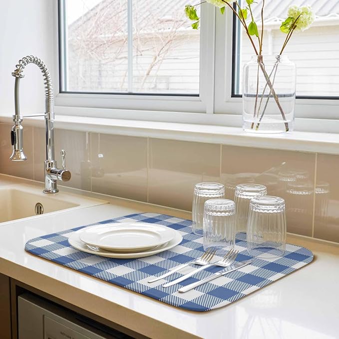 Dish Drying Mat Buffalo Plaid Blue Check Drying Mats for Kitchen Counter Farmhouse Style Absorbent Microfiber Dish Drainer Quick Drying Coffee Mat with Hanging Loop, 16 x18 inch