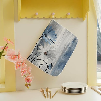 Rustic Daisy Floral Dish Drying Mats 18x24 Inches for Vintage Flower Blue Kitchen Drying Mats Seasonal Outdoor Decorations Absorbent Drying Dish Mats for Kitchen Dining Room Counter Decor