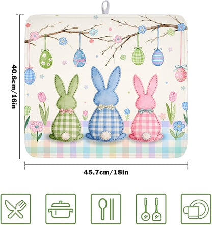 Easter Bunny Dish Drying Mat for Kitchen Counter 16 x 18 Inch Rabbit Eggs Dish Drainer Mat Absorbent Microfiber Dish Rack Pad for Spring Holiday Coffee Dining Bar Decor