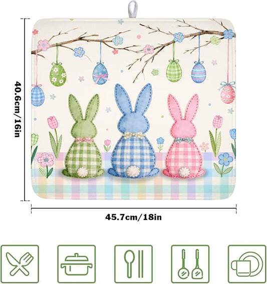 Easter Bunny Dish Drying Mat for Kitchen Counter 16 x 18 Inch Rabbit Eggs Dish Drainer Mat Absorbent Microfiber Dish Rack Pad for Spring Holiday Coffee Dining Bar Decor