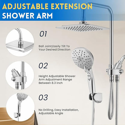 Ryamen Dual Shower Head Combo, 8'' High Pressure Rain Shower Head with Handheld Spray, 6 Settings Handheld Showerhead, 15" Height Adjustable Slide Bar, Angle Adjustable, Chrome Polished