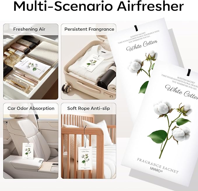 MYARO 12 Packs Scent Sachets for Closet Clothes Storage - White Cotton Fragrance Long Lasting Home Air Freshener Odor Deodorizer