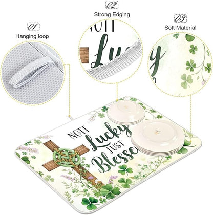 St.Patrick Days Dish Drying Mat for Kitchen Countertop 16x18 Green Shamrock Blessed Cross Small Drying Mat Reusable Quick Dry Dish Sink Mats Easy Clean Decorative Essentials