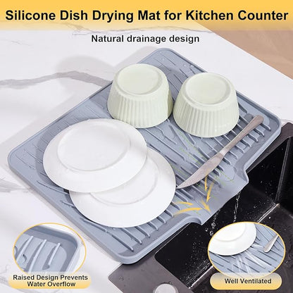 Silicone Dish Drying Mat for Kitchen Counter,Non-Slip Dish Drying Pad with Drain Lip,Heat Resistant Sink drying Mat for Dishes,Large Rubber dish drain mat dish rack mat (Grey,15.8"x13")