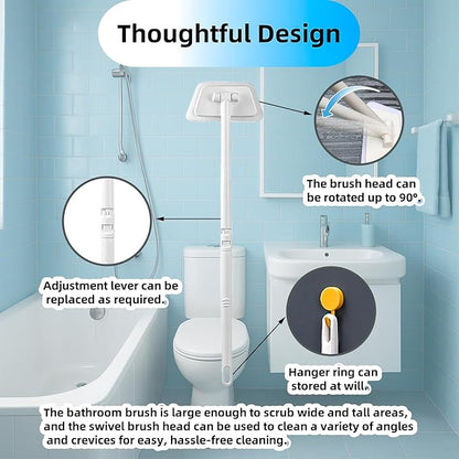 Tub Tile Scrubber Cleaning Brush, Sponge on a Stick for Cleaning Adjustable Long Handled Scrub Brush with 21.7'' Handle for Cleaning Shower Bathroom Vessel Sinks Toilet Wall Floor White