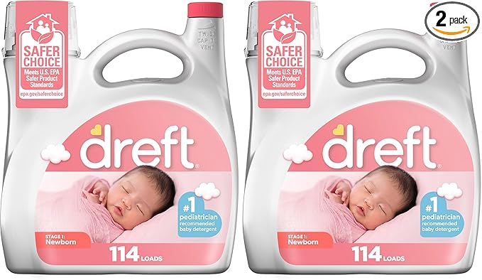 Dreft Stage 1 Newborn Baby Liquid Laundry Detergent,Gentle on Sensitive Skin,HE Compatible,114 loads,(Pack of 2)