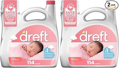 Dreft Stage 1 Newborn Baby Liquid Laundry Detergent,Gentle on Sensitive Skin,HE Compatible,114 loads,(Pack of 2)