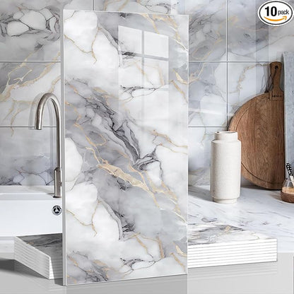 10pcs Marble Peel and Stick Waterproof Wall Panels,Heat-Resistant Backsplash Tile, 23.6"x11.8" PVC Foam Wall Sticker for Kitchen,Living Rooms,TV Walls,Colorful (Not Real Tile 19.4Sq. Ft.)