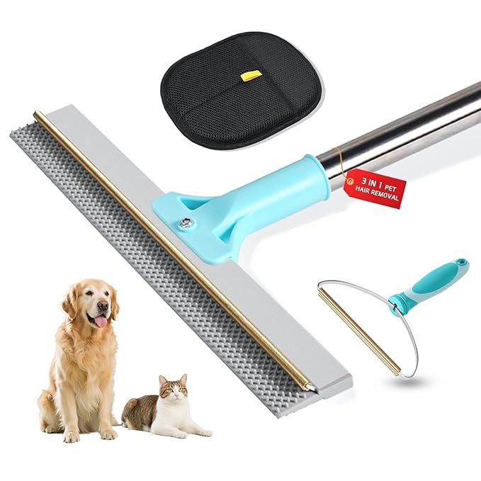 Carpet Rake for Pet Hair Removal Tool, Reusable Pet Hair Remover Broom with 54” Adjustable Long Handle, Cat Dog Hair Remover Carpet Scraper Broom with Copper Rake Teeth & TPU Brush for Rugs Mats Couch