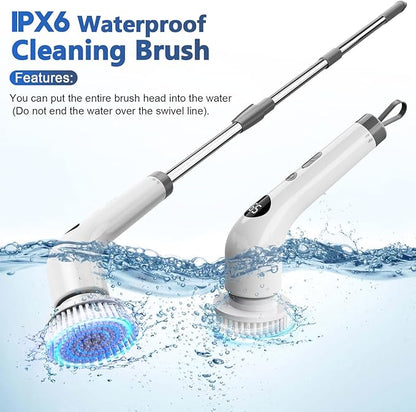 qimedo Electric Spin Scrubber with Extended Long Handle, Rechargeable Handheld Electric Scrubber for Cleaning, Cordless Power Dish Scrubber with 7 Brushes for Bathtub Grout Tile Floor