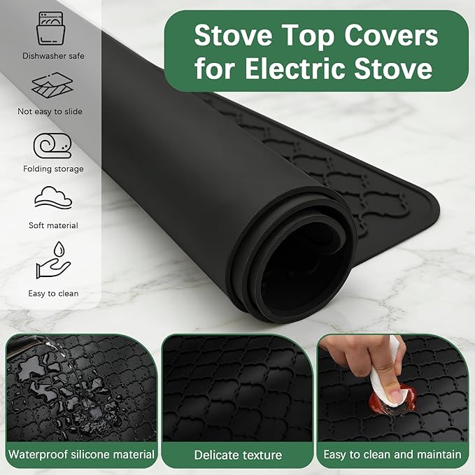 Stove Top Cover for Electric Stove - Food Grade Ceramic Stove top Cover, Silicone XXL Dish Drying Mat, Glass Cooktop Covers, Flat RV Range top Mats (Black, 27.5"X20")