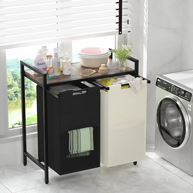 Double Compartment Laundry Basket, Laundry Sorter with Top Shelf, 2 Removable Washable Bags, Side Pockets, Black & White