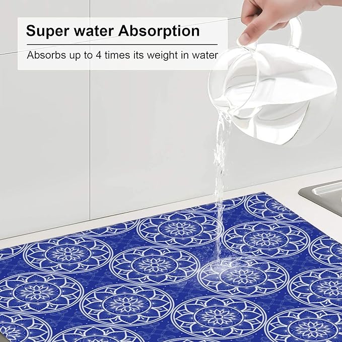 Chinoiserie Blue and White Floral Dish Drying Mats for Kitchen Counter, Absorbent Reversible Washable Microfiber Drying Pad, 16" x 18" Foldable Chinoiserie Kitchen Mat for Dishes & Sink, Home Decor