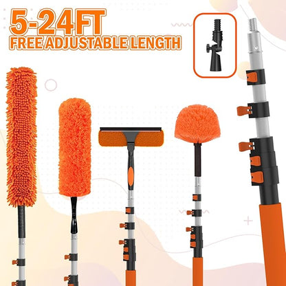 LAANPOLE 30FT High Reach Duster Cleaning Kit with Extension Pole, High Ceiling Fan Cleaner Duster Tool for Fan Blades, Window Washing Kit with Microfiber Feather Duster & Window Squeegee