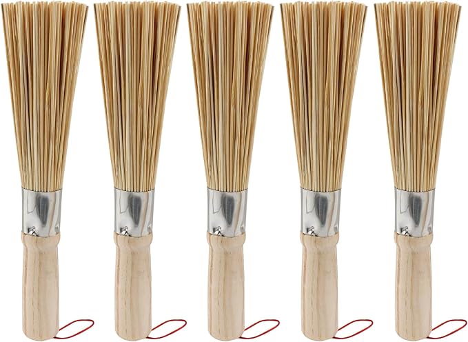 5 Pack Natural Bamboo Wok Brush, Traditional Kitchen Pan Cleaning Brush, 10-Inch Length